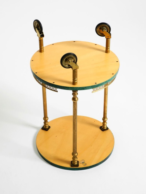 Image 1 of Round, small 1960s Aldo Tura serving or bar trolley in green goatskin leather | Made in Italy