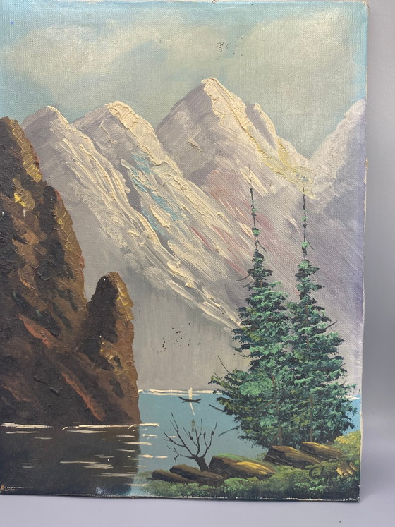 Mountain and Lake Landscape, Oil on Canvas, 20th Century, 40 x 30 cm – Decorative Objects, Wood (photo 3 of 6)