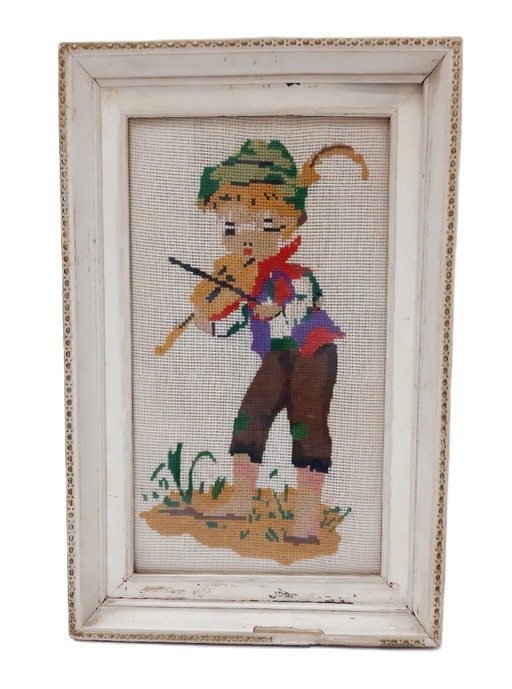 Vintage embroidered tapestry gobelin, framed, under glass, violinist