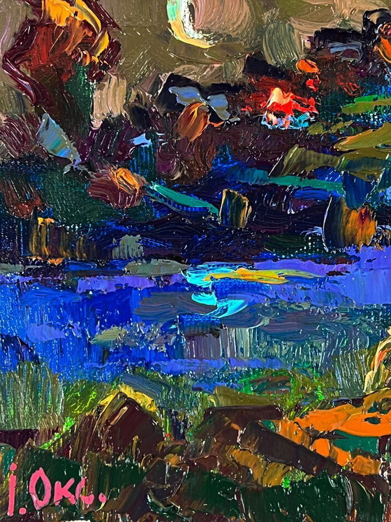 Image 1 of Peinture à l'huile originale, paysage rural, rivière, givre du soir dans les champs