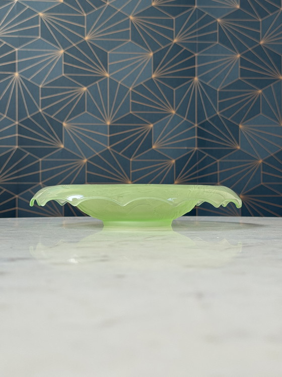 Image 1 of August Walther & Söhne “Arabella” Uranium Glass Centerpiece Bowl – Art Deco Fish Decor – 1930s Germany