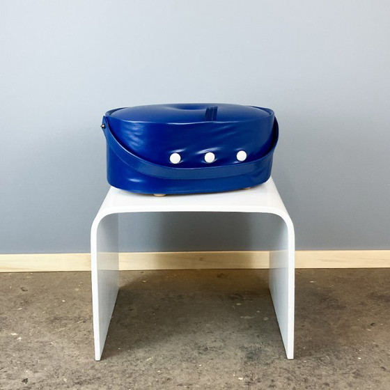 Image 1 of Scatola da cucito vintage, scatola portaoggetti, similpelle blu, anni '70