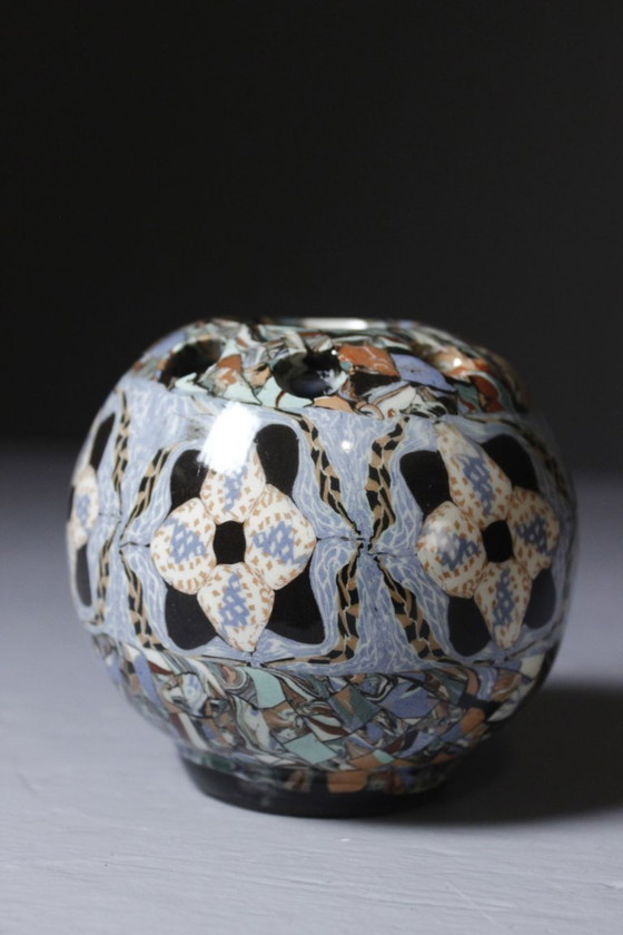 Image 1 of Taller Gerbino en Vallauris - Jarrón esférico, soporte para flores de arcilla mixta, siglo XX
