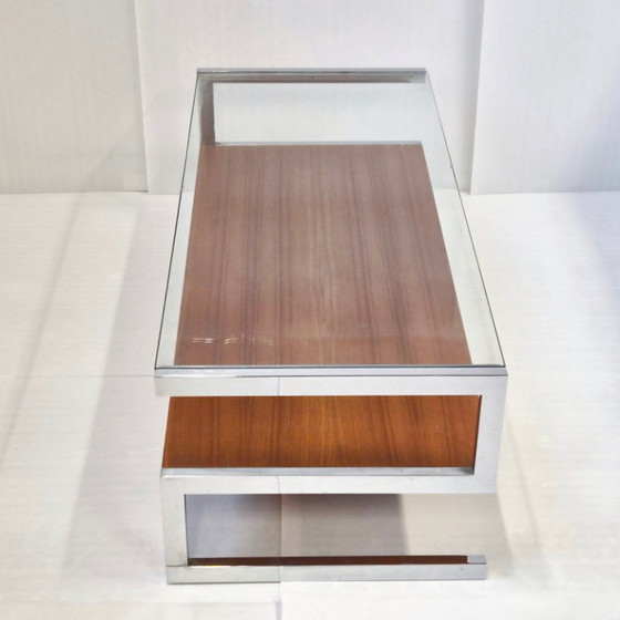Image 1 of Vintage salontafel uit de jaren 60 van verchroomd staal met teakfineer en glazen blad. DLG Belgo Chrome