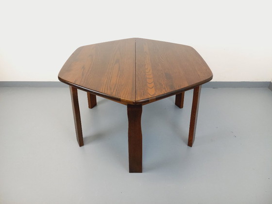 Image 1 of Vintage brutalist hexagonal oak dining table from the 1950s with extension