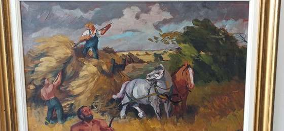 Image 1 of Oil Painting by T. Ahlberg, Harvest Scene with Horses and Farmers