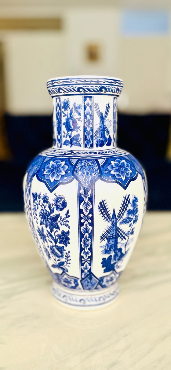 Image 1 of rare handmade Vintage Delft Blue VASE Hand Painted Holland Windmill Jeblo 1890–1930.