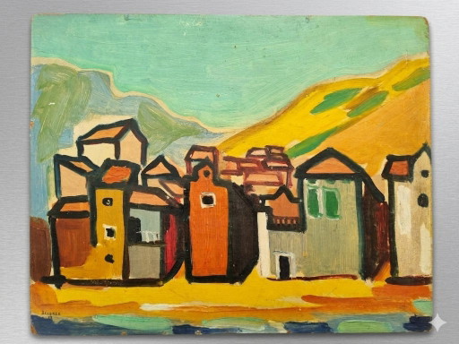Oil painting “Küstendorf”, 1959 – Dr. Heinz Beisker (1908–1991) – Düsseldorf School
