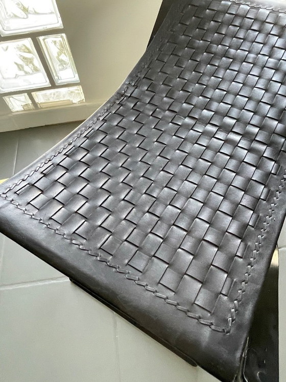 Image 1 of Tabouret haut pliant / taburette en métal et cuir tressé