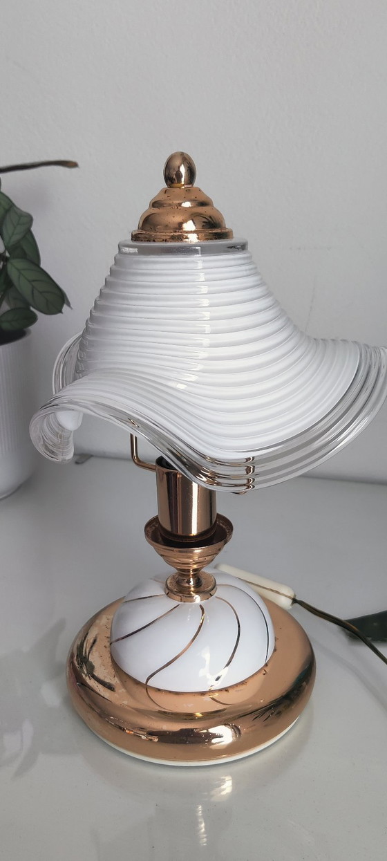 Image 1 of Vintage Hollywood Regency Table Lamps, Set of 2, Wavy Ribbed Opaline Glass, White and Gold Retro Bedside Lighting