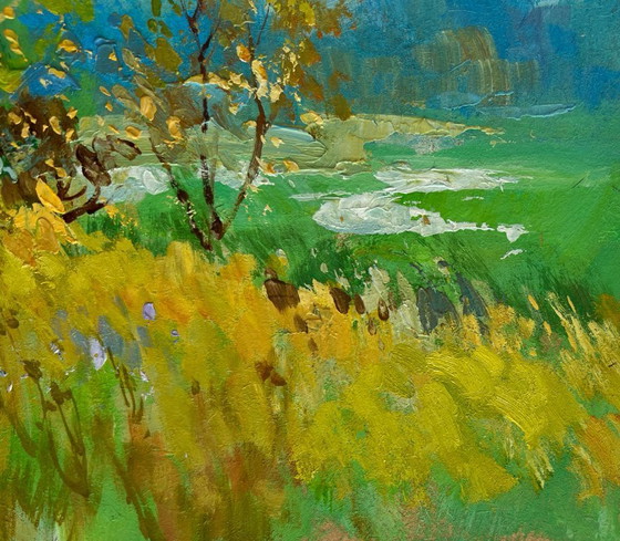 Image 1 of Original Oil Painting Summer Field Landscape Walking among flower fields