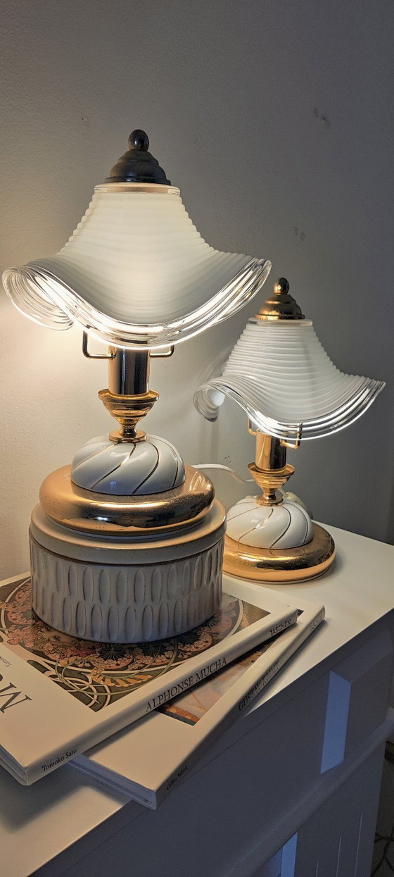 Image 1 of Vintage Hollywood Regency Table Lamps, Set of 2, Wavy Ribbed Opaline Glass, White and Gold Retro Bedside Lighting