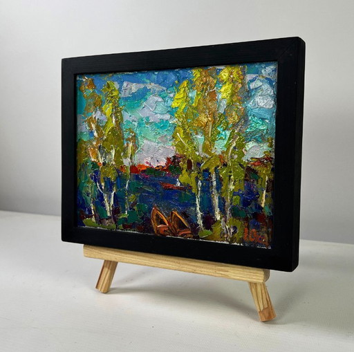 Original Oil Painting Summer River Landscape The first leaves reflected in the water