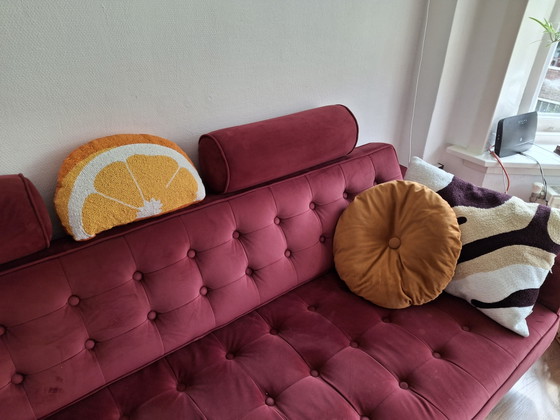 Midcentury Bordeaux Sofa With Roller Cushions – 3-5 seaters, Velvet, Textile (photo 2 of 5)