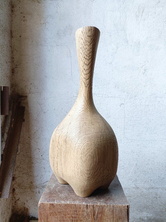 Image 1 of Large Vase/Bottle in Carved Solid Oak
