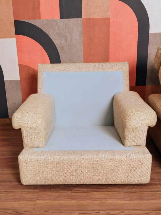 Image 1 of Vintage fauteuils, beige stof, minimalistisch design, 1980, set van 2