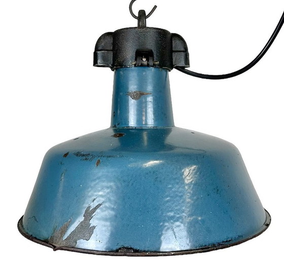 Image 1 of Industrial Blue Enamel Factory Lamp with Cast Iron Top, 1960s