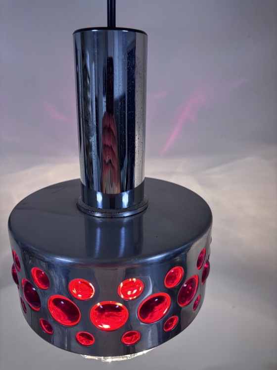 Lampada a sospensione originale Richard Essig Space Age (anni '70) in cromo e rosso rubino (photo 5 of 11)