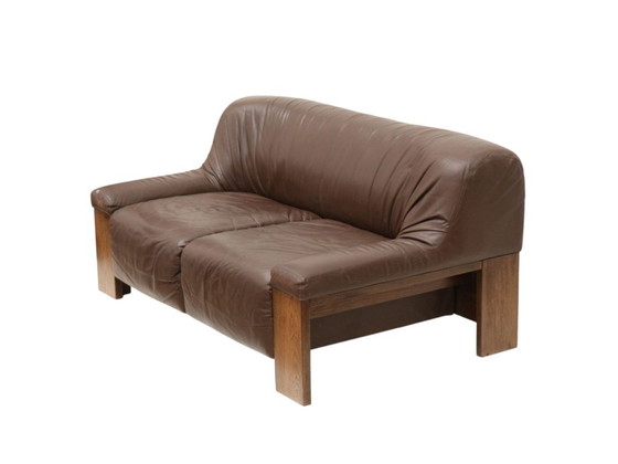 Image 1 of Brutalist 2-Seater Leather Sofa - Brown Leather with Wenge Wood Frame