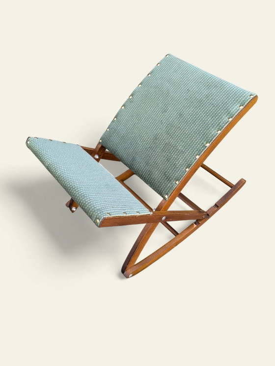 Image 1 of Repose-pieds vintage des années 60 - repose-pieds réglable en hauteur et recouvert d'un tissu à motifs turquoise