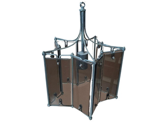 Image 1 of Gorgeous 1980s Vintage Chandelier – Leaf Design in Metal and Brown Glass