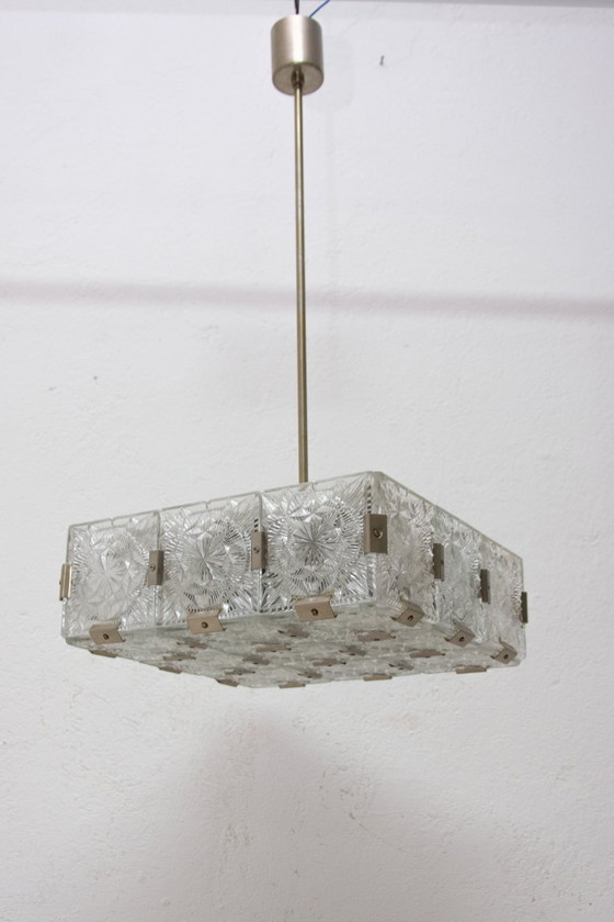 Image 1 of Mid Century Pendant Lamp Glass & Chromed Steel Kamenický Šenov 1970s Czechoslovakia