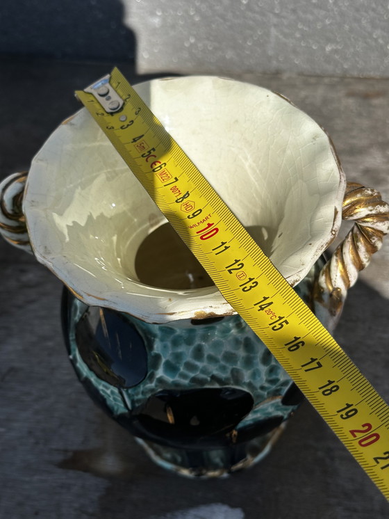 Image 1 of Trio di vasi Amphore Céramique Vallauris Turquoises/Noirs rehaussé d'Or H22cm