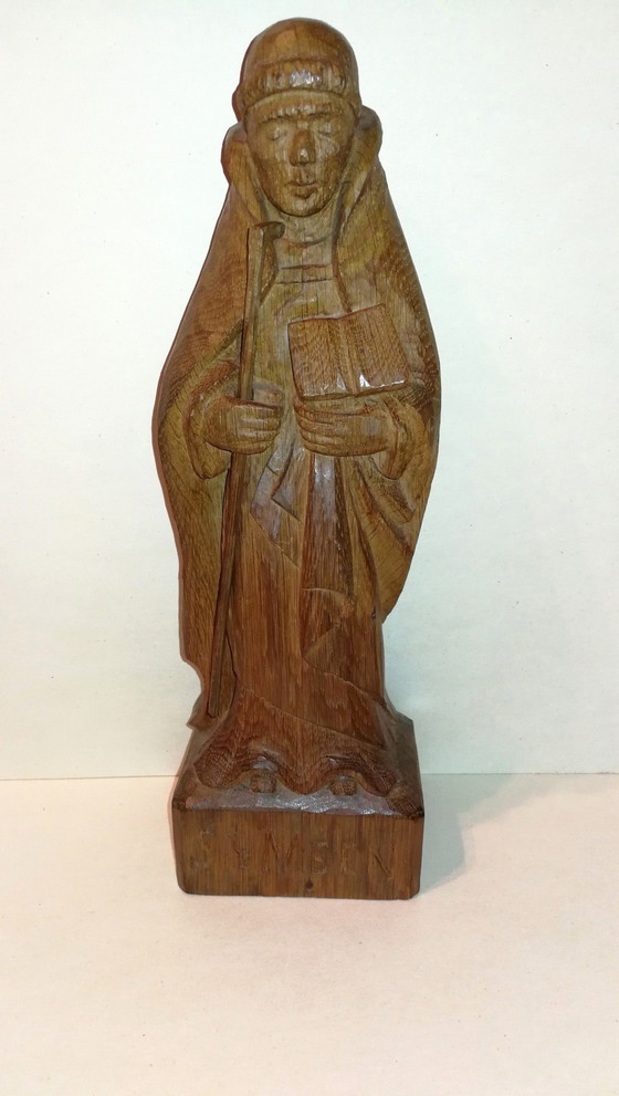 Image 1 of Statuetta antica vintage in legno massello intagliato dell'abate St Méen / anni '50
