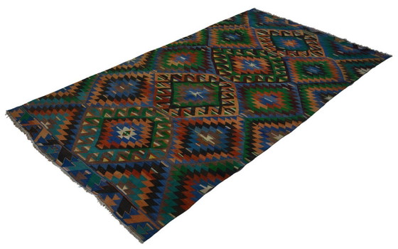 Groot vintage Anatolisch kilimkleed – Kleurrijk geometrisch handgeweven wollen platgeweven tapijt 308 x 164 (photo 8 of 10)