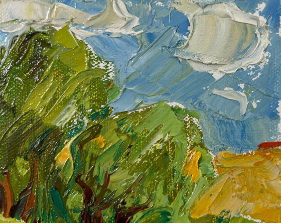 Image 1 of Peinture à l'huile originale représentant un paysage côtier d'été avec des saules au bord d'un étang
