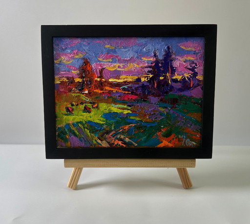 Original Oil Painting Colorful Sky Landscape Summer Blue Night