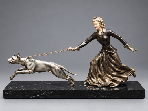 Art Deco Skulptur einer Frau mit Hund