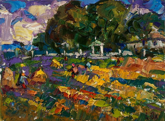 Original Oil Painting Village Day Landscape Plowing a Summer Field – Paintings & Drawings, Canvas (photo 3 of 8)