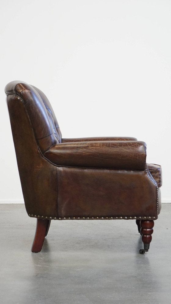 Image 1 of Cognackleurige Bruin Rundleren Chesterfield Fauteuil