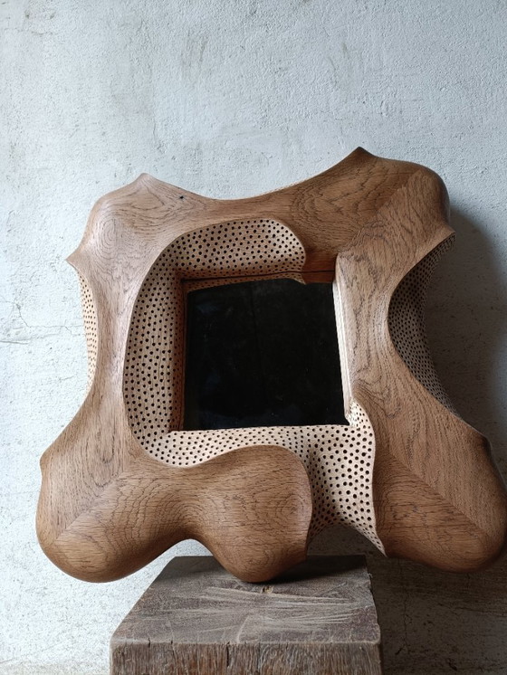 Image 1 of Carved and textured solid oak mirror