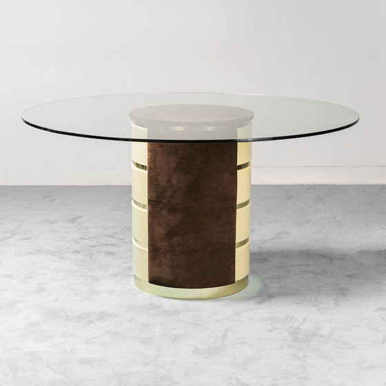 Image 1 of Table avec base en cristal et 4 chaises avec tissu en daim, 1970