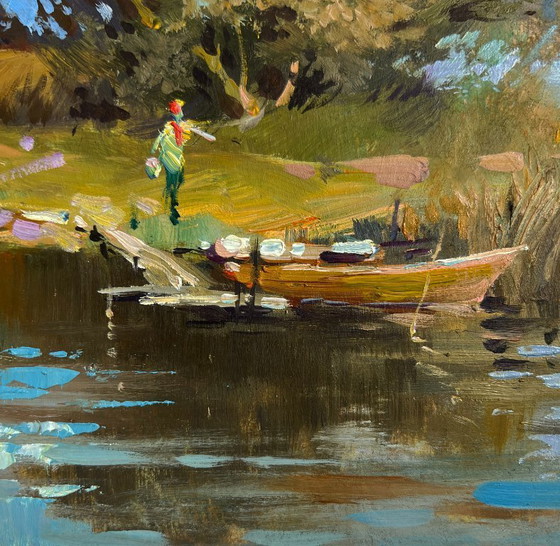 Image 1 of Origineel olieverfschilderij: Zomerlandschap langs de rivier. Zomerse reis langs de rivier.