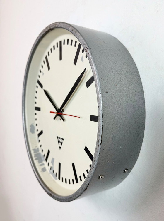 Image 1 of Industrial Grey Factory Wall Clock from Pragotron, 1960s