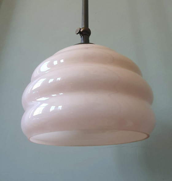 Image 1 of Long Vintage Art Deco Rose Opaline pendant lamp - hanging lamp