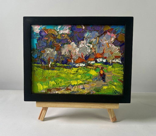 Original Oil Painting Day Village Landscape As the snow melts early spring comes