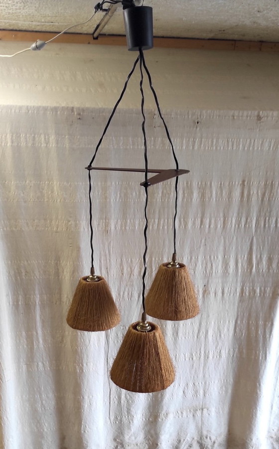 Image 1 of Hanglamp met drie lichtpunten in Scandinavische stijl, gemaakt van teak en sisal - jaren 60/70