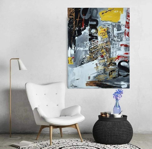 Original Acrylic Painting Contemporary Street Art Newspaper – schilderijen tekeningen, Canvas (photo 2 of 7)