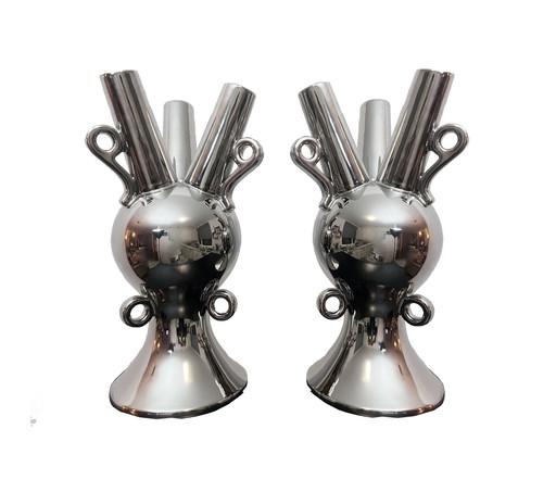 Grands Vases Vintage • Céramique Chromée • Xxl • 1990
