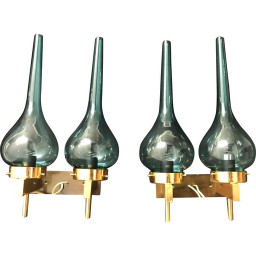 Pair of vintage Italian brass wall lamps with blue glass deflectors, 1960