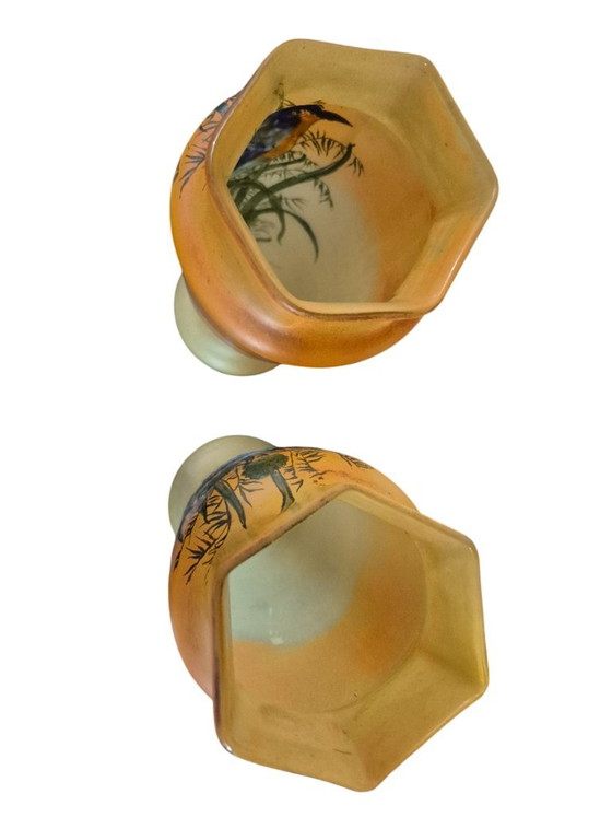 Pair of hand-painted Vases with bird motif, legras, Ceramic, Glass, Orange (photo 12 of 15)
