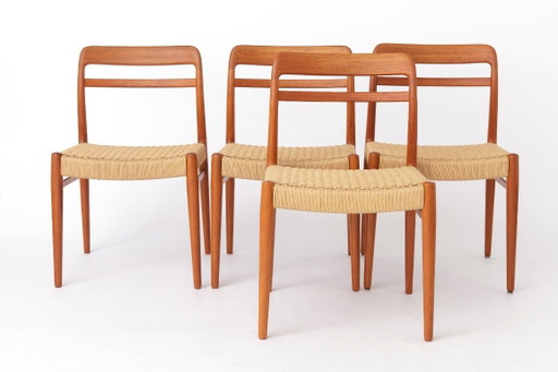 Set van 4 Alf Aarseth Model 145 eetkamerstoelen, teakhout en Deens papierkoord, Gustav Bahus, Noors mid-century modern,