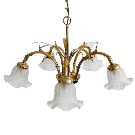 Image 1 of Lampadario vintage in ottone a sei bracci, metà secolo, con foglie di palma, Hollywood Regency, anni '70
