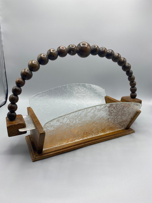 Large Art Deco letter holder in turned wood and textured glass – decoratieve objecten, Metal