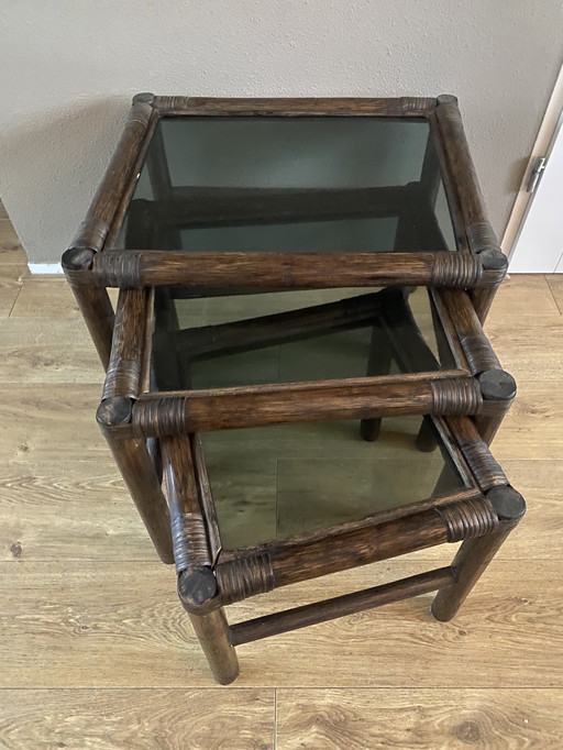 Vintage rattan bamboo nesting tables mimeset smoked glass