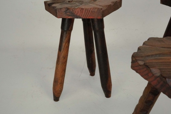 Image 1 of Set van drie vintage Italiaanse brutalistische houten krukken, jaren 60